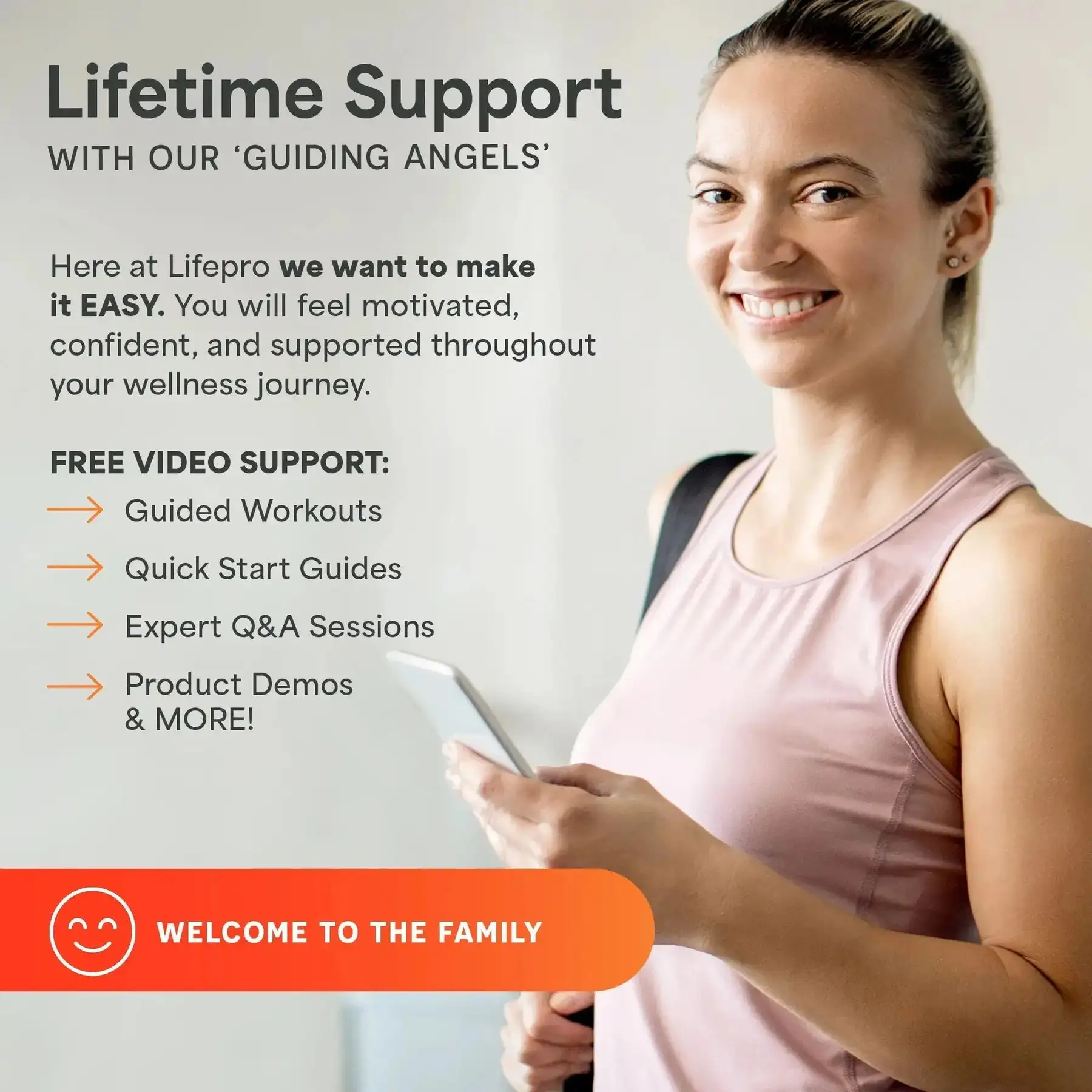 Woman smiling with text about lifetime support and video resources.
