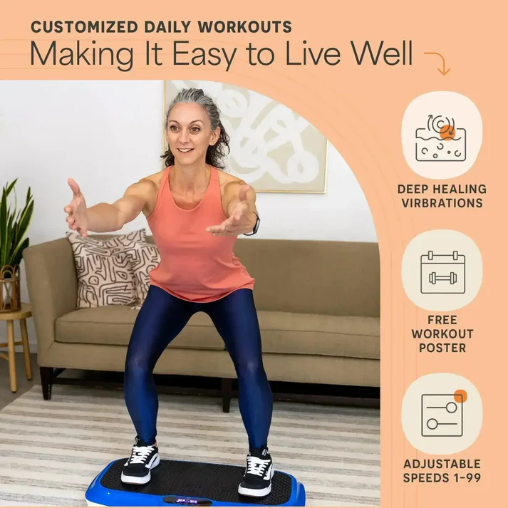 Person exercising on a vibration platform in a living room setting.