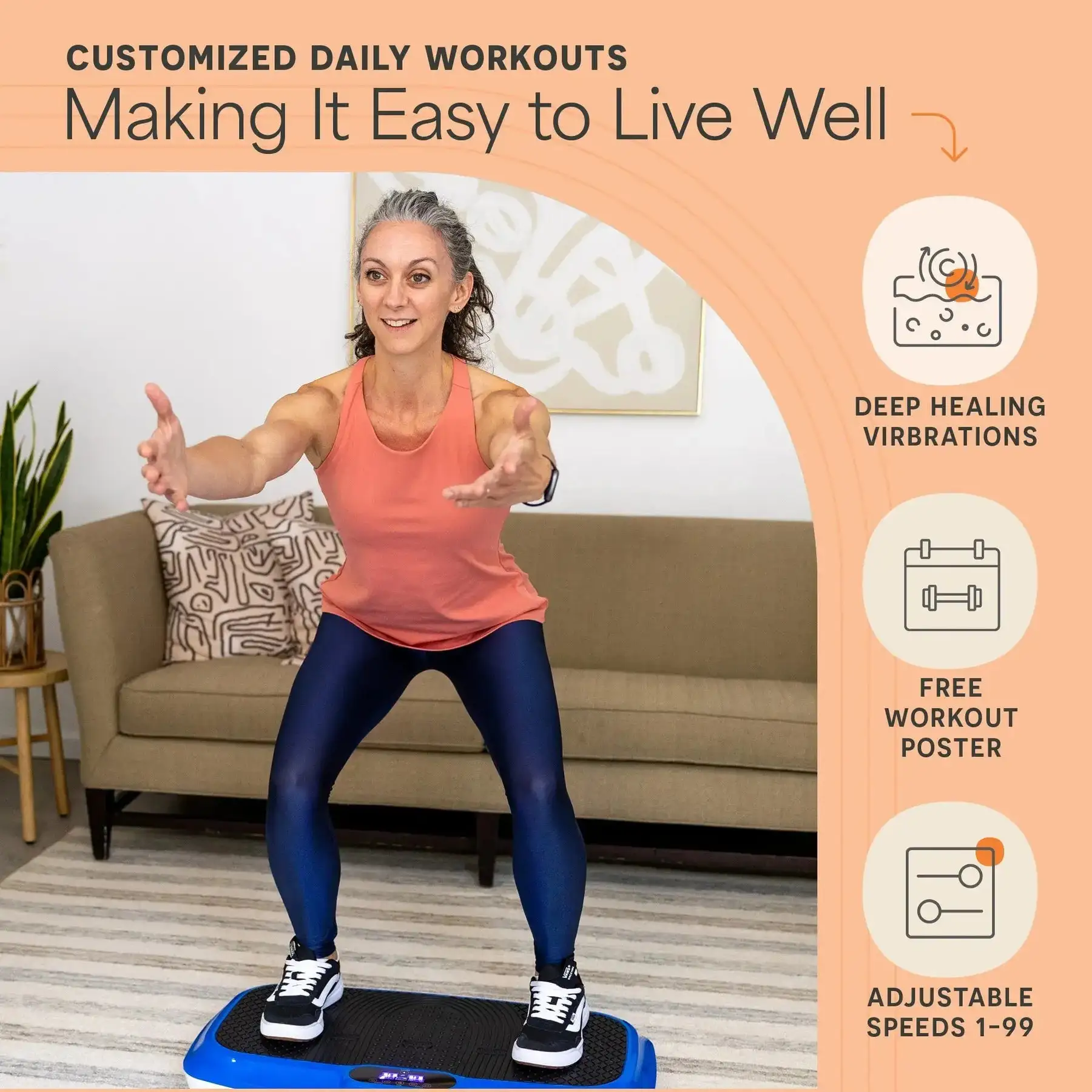 Woman exercising on vibration platform with customizable workout options.