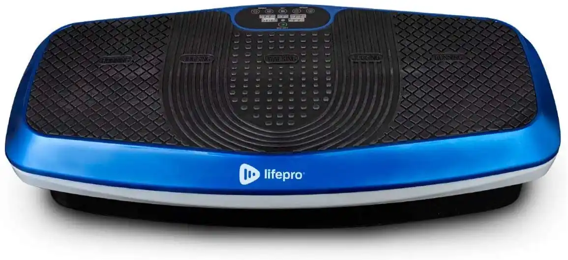 A blue and black Lifepro vibration plate exercise machine on a white background.