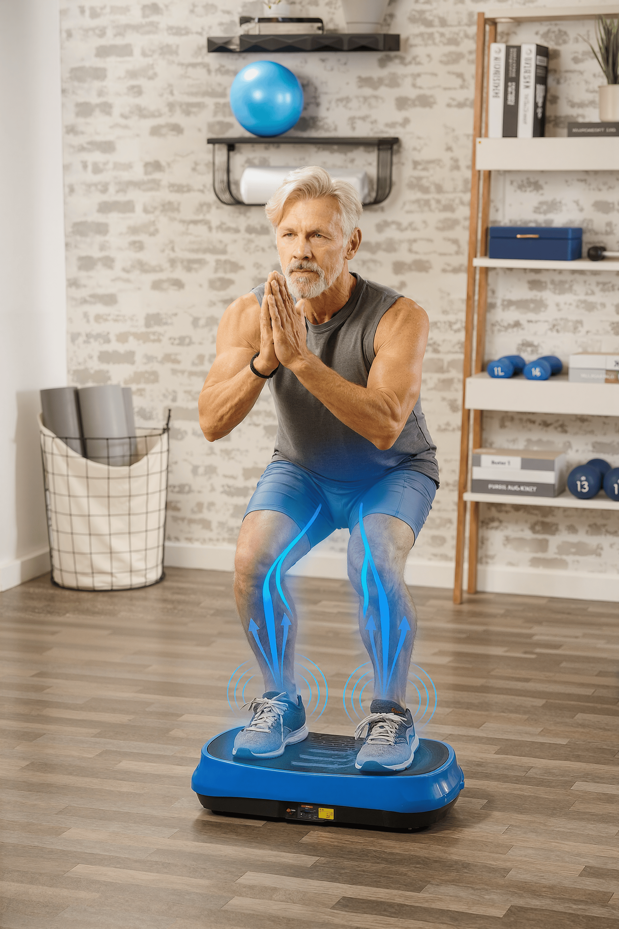 Man exercising on a vibrating platform in a home gym.