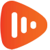 An orange and red play button icon with a pause symbol inside it.