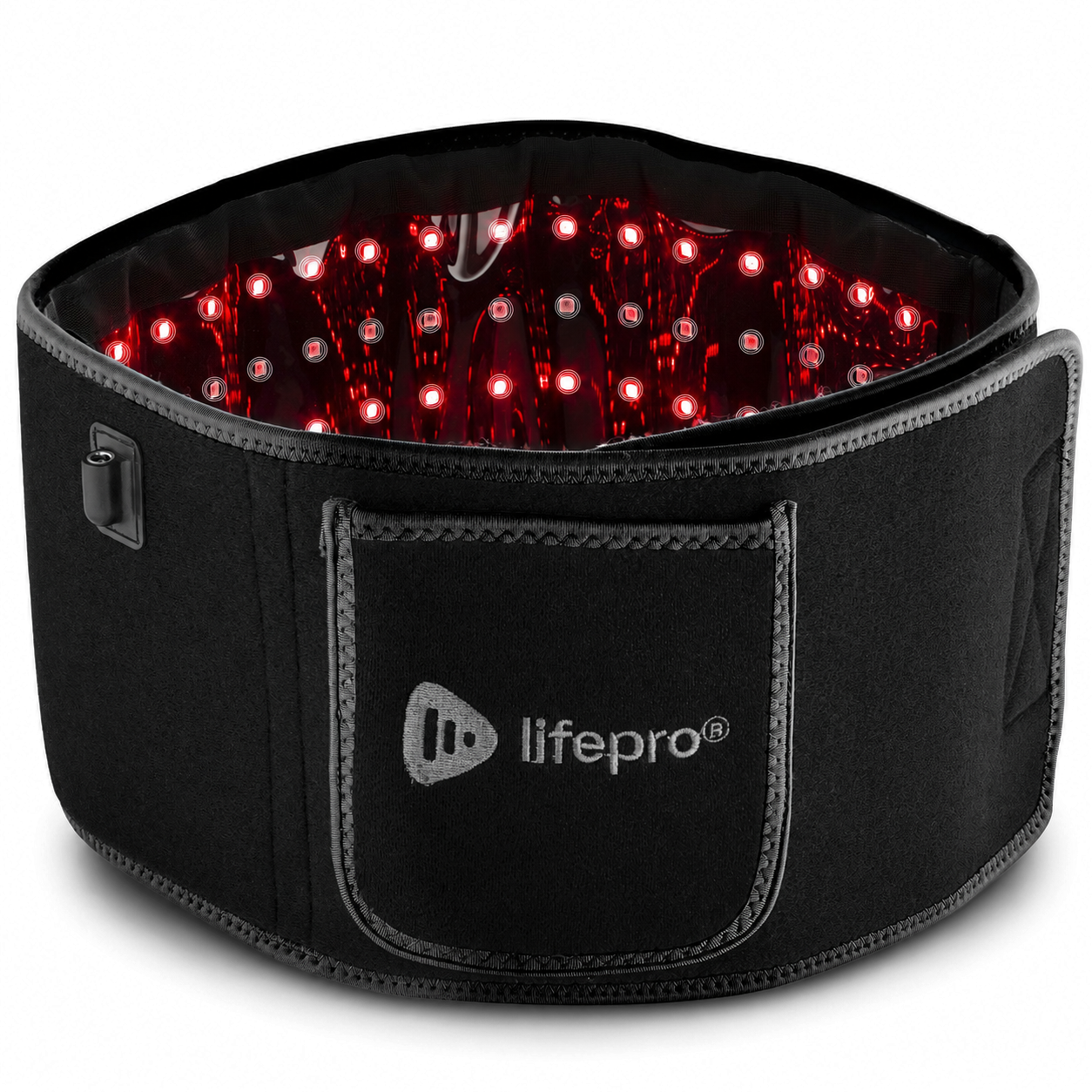 A black Lifepro therapy belt with the interior red lights turned on, against a white background.