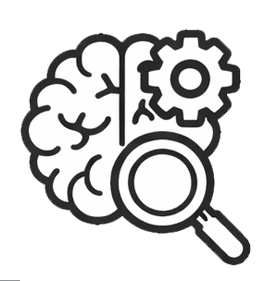A black and white icon of a brain with a magnifying glass and a gear.