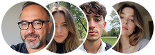 Four people in circular frames, each with different backgrounds.