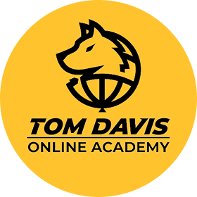 Logo with a wolf silhouette and text 'Tom Davis Online Academy' on a yellow background.