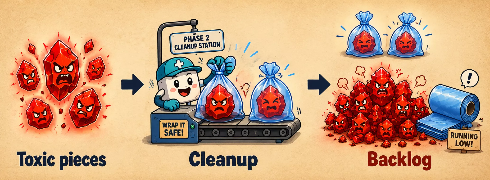 A cartoon illustrates a cleanup process for 'toxic pieces', creating a 'backlog' as bagging supplies run low.
