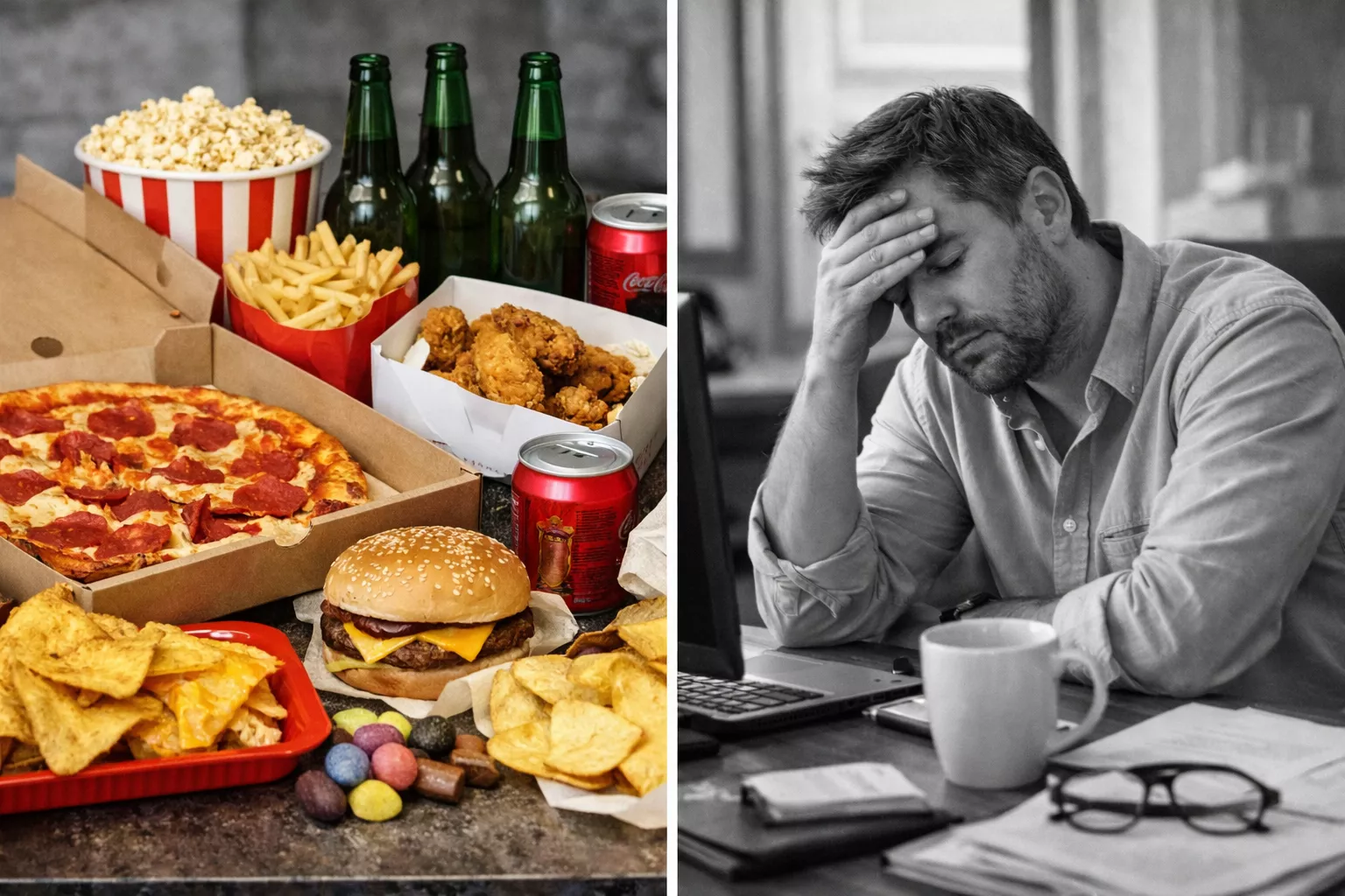 A diptych showing junk food on the left and a tired man at his desk on the right.