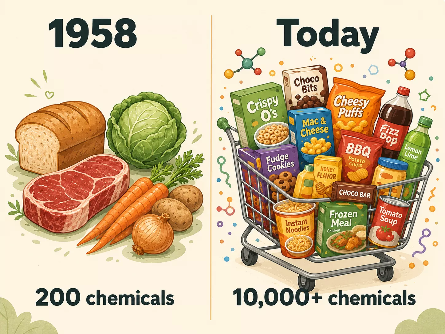 An infographic comparing whole foods in 1958 to a shopping cart full of processed foods today.