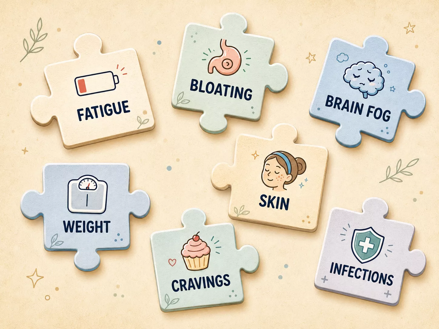 An illustration of puzzle pieces, each representing a different health symptom like fatigue, bloating, and brain fog.