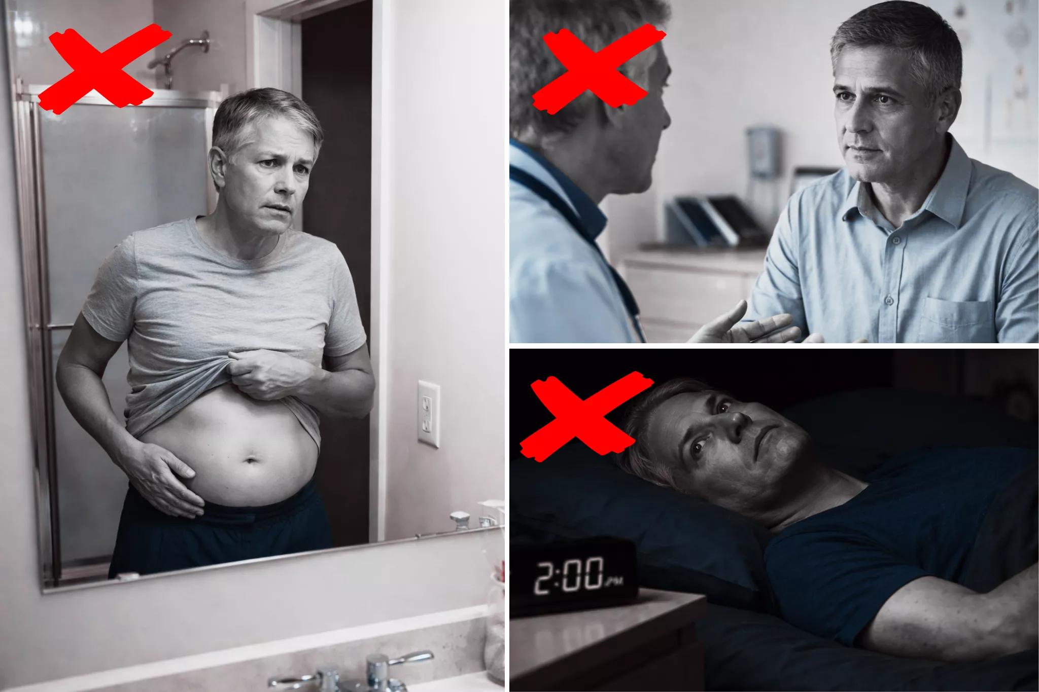 A collage showing a man checking his belly, talking to a doctor, and lying awake in bed at night.