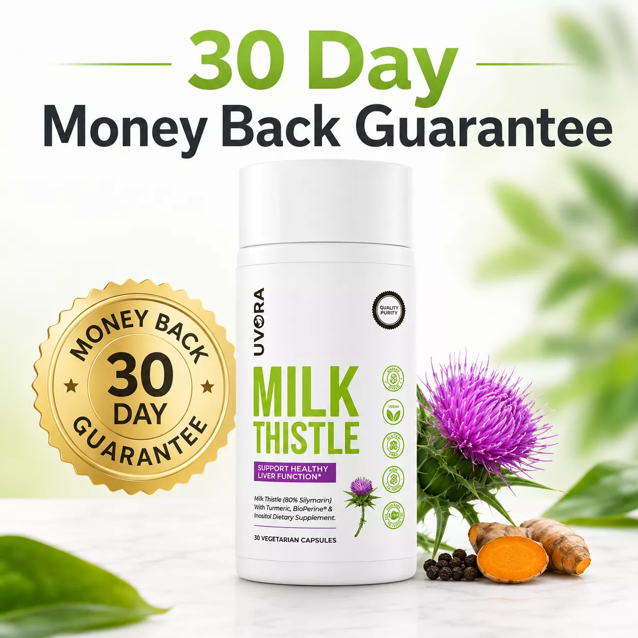 A bottle of Uvora Milk Thistle supplements with a 30-day money-back guarantee, alongside its ingredients.