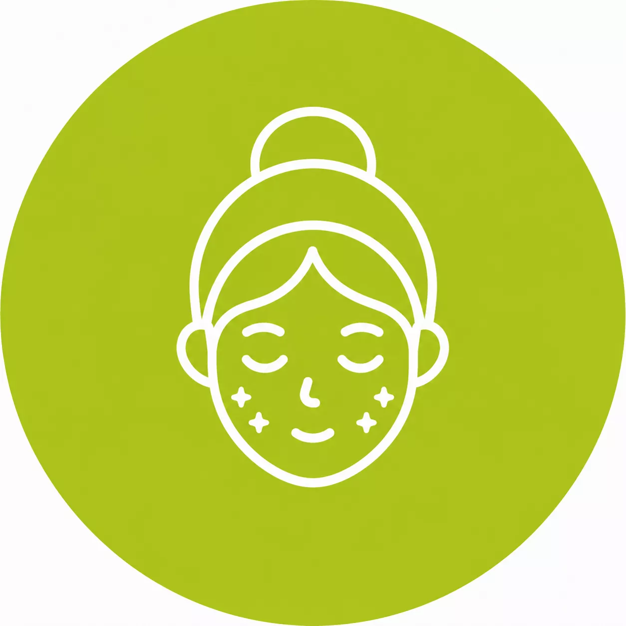 A white line-drawing icon of a smiling face with sparkles on the cheeks inside a green circle.