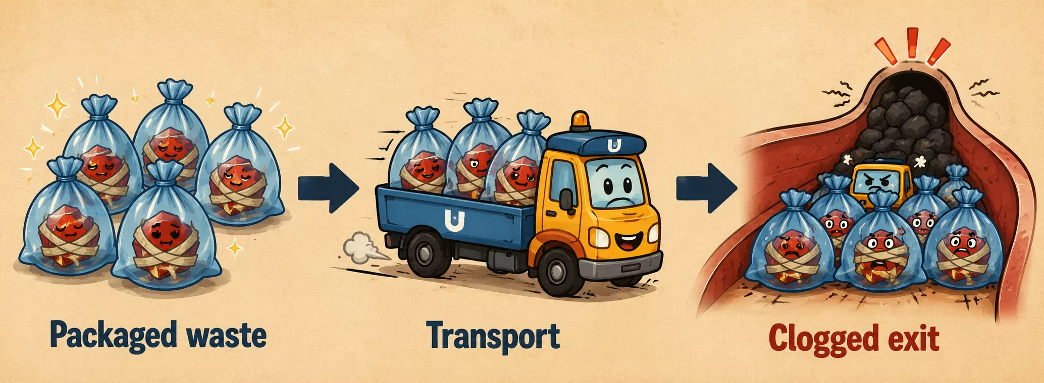 A three-panel cartoon showing packaged waste being transported by a truck, leading to a clogged exit.