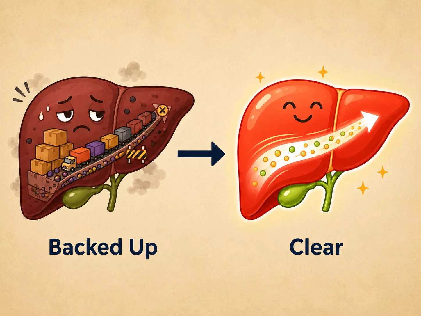 A cartoon comparing a sad, 'Backed Up' liver to a happy, 'Clear' liver with good flow.