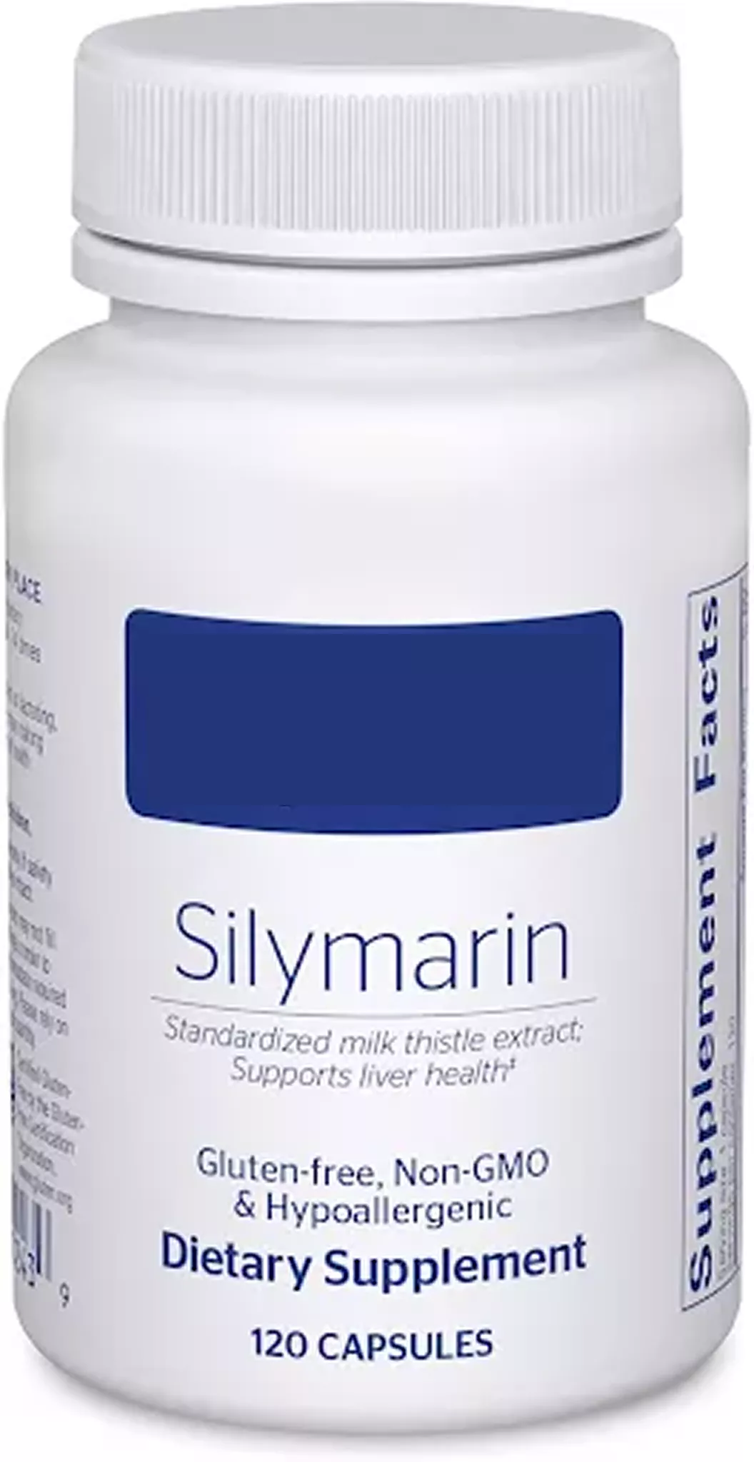 A white bottle of Silymarin dietary supplement, containing 120 capsules.