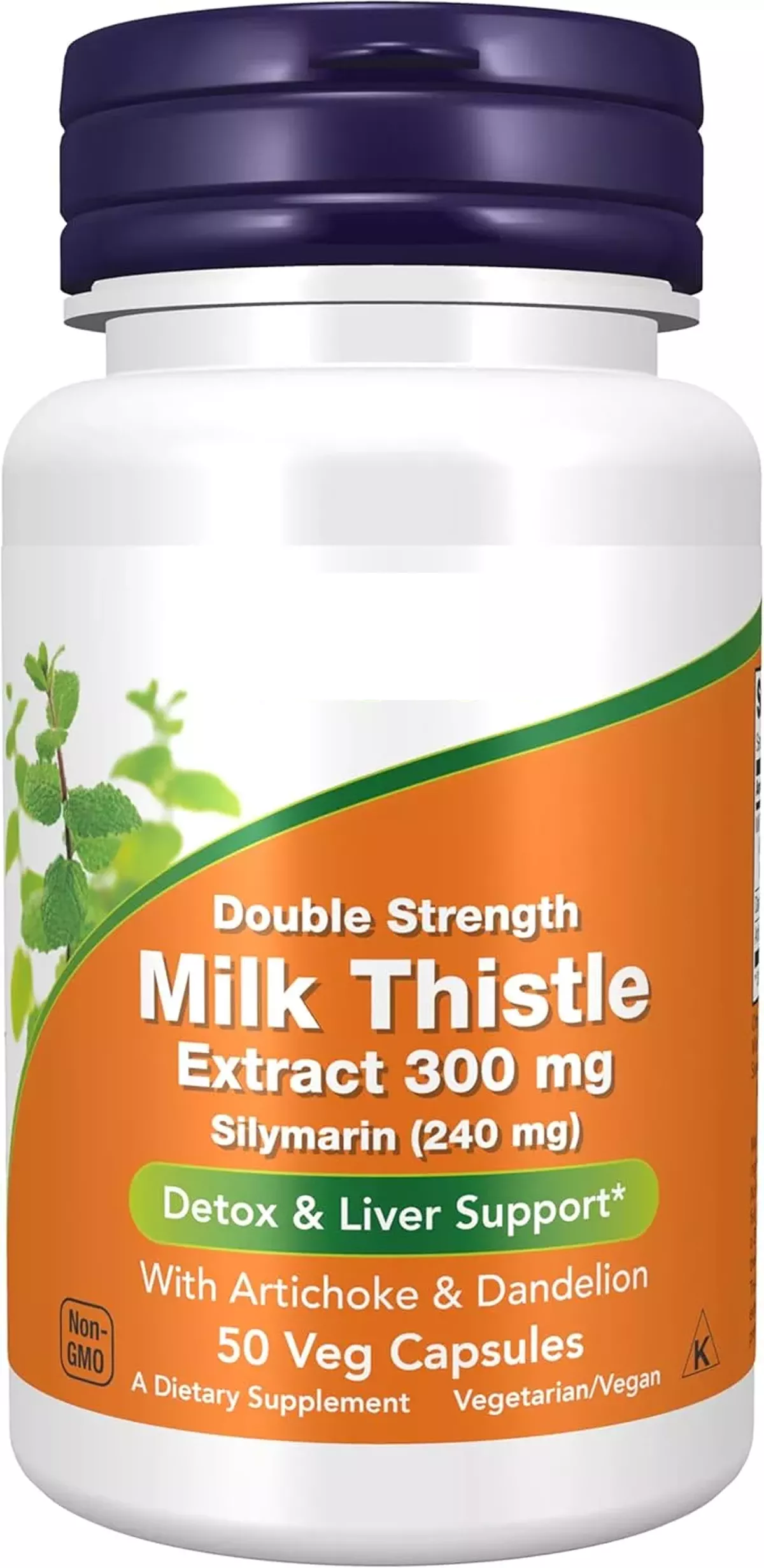 A white bottle of NOW brand Double Strength Milk Thistle Extract dietary supplement, 50 veg capsules.