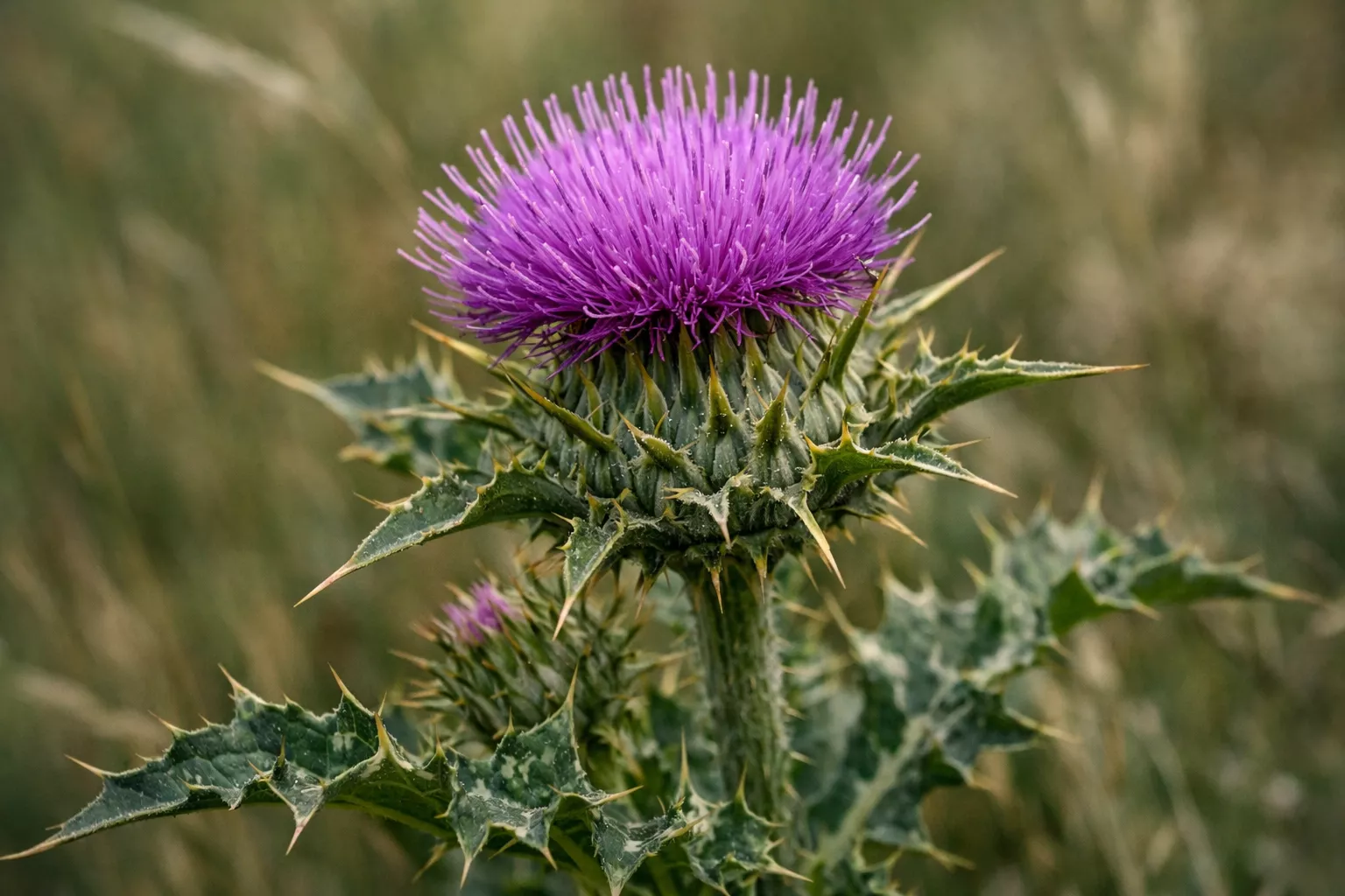 A close-up of a vibrant purple thistle flower with a spiky green stem and leaves.