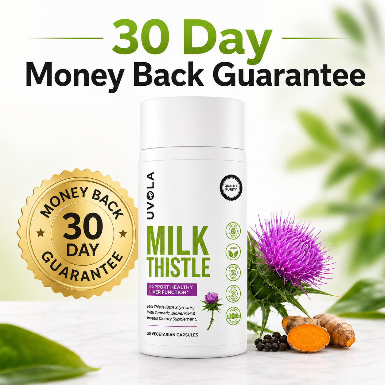 A bottle of Uvora Milk Thistle supplements with a 30-day money-back guarantee, alongside its ingredients.