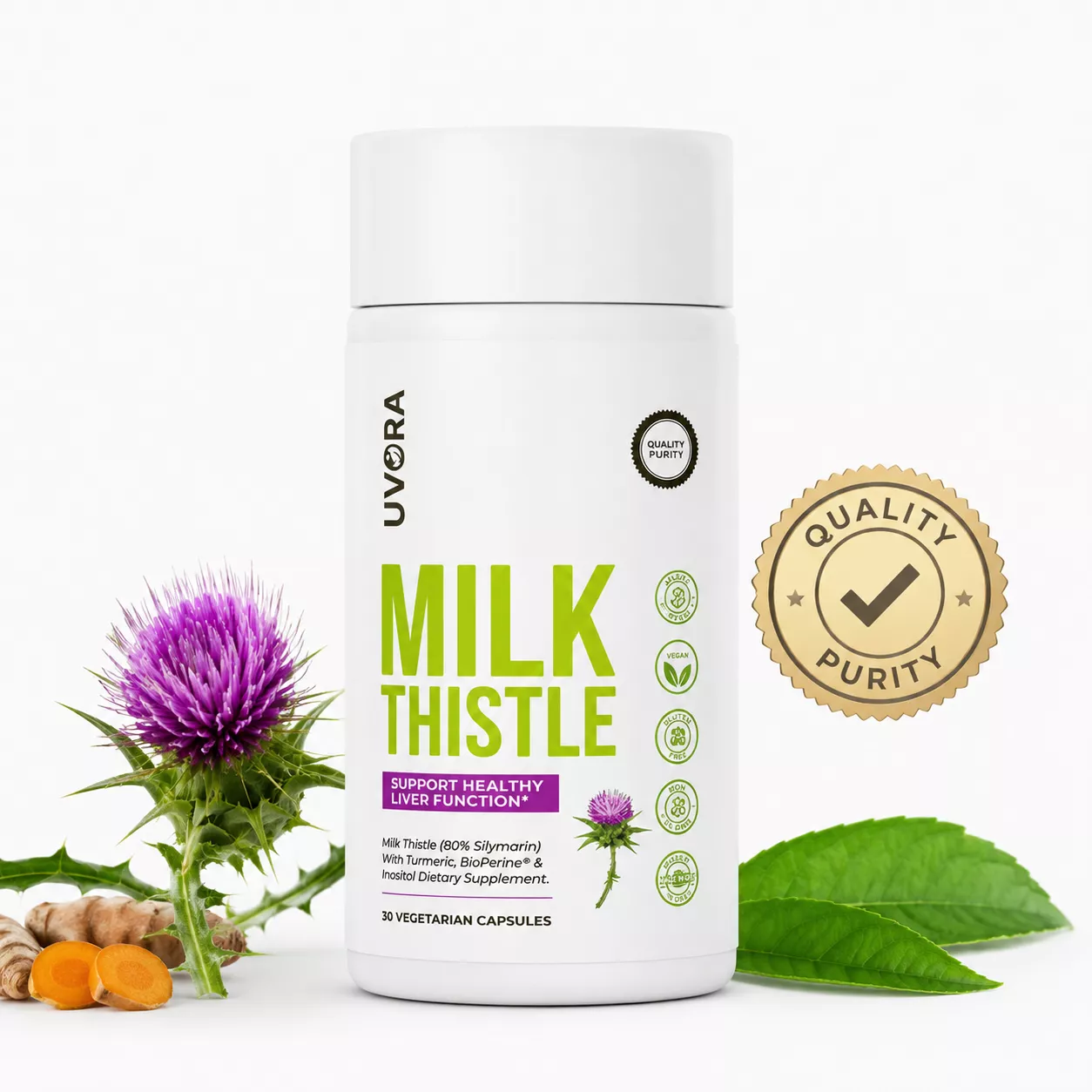 A bottle of Uvora Milk Thistle supplements next to a milk thistle flower and turmeric root.