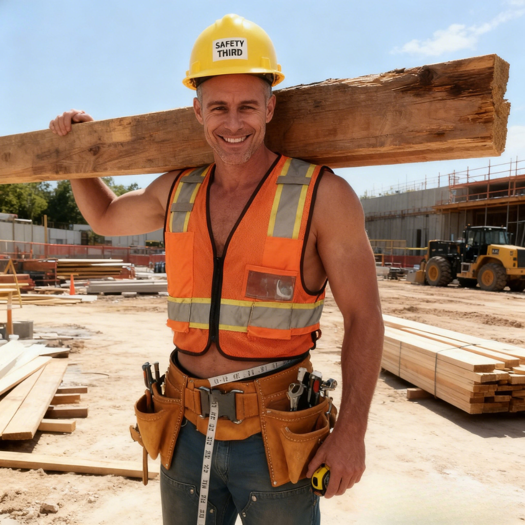 Construction worker carrying wooden beam at a building site, wearing orange vest and helmet.