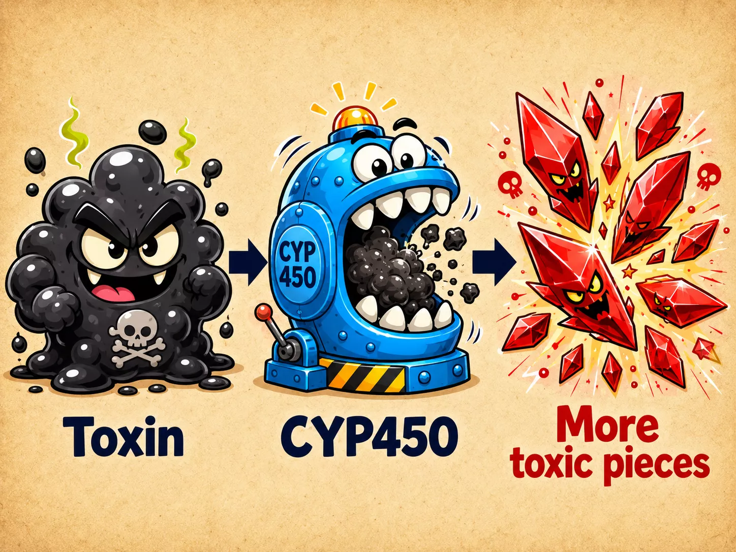 A cartoon infographic showing a toxin monster being processed by a CYP450 machine into more toxic pieces.