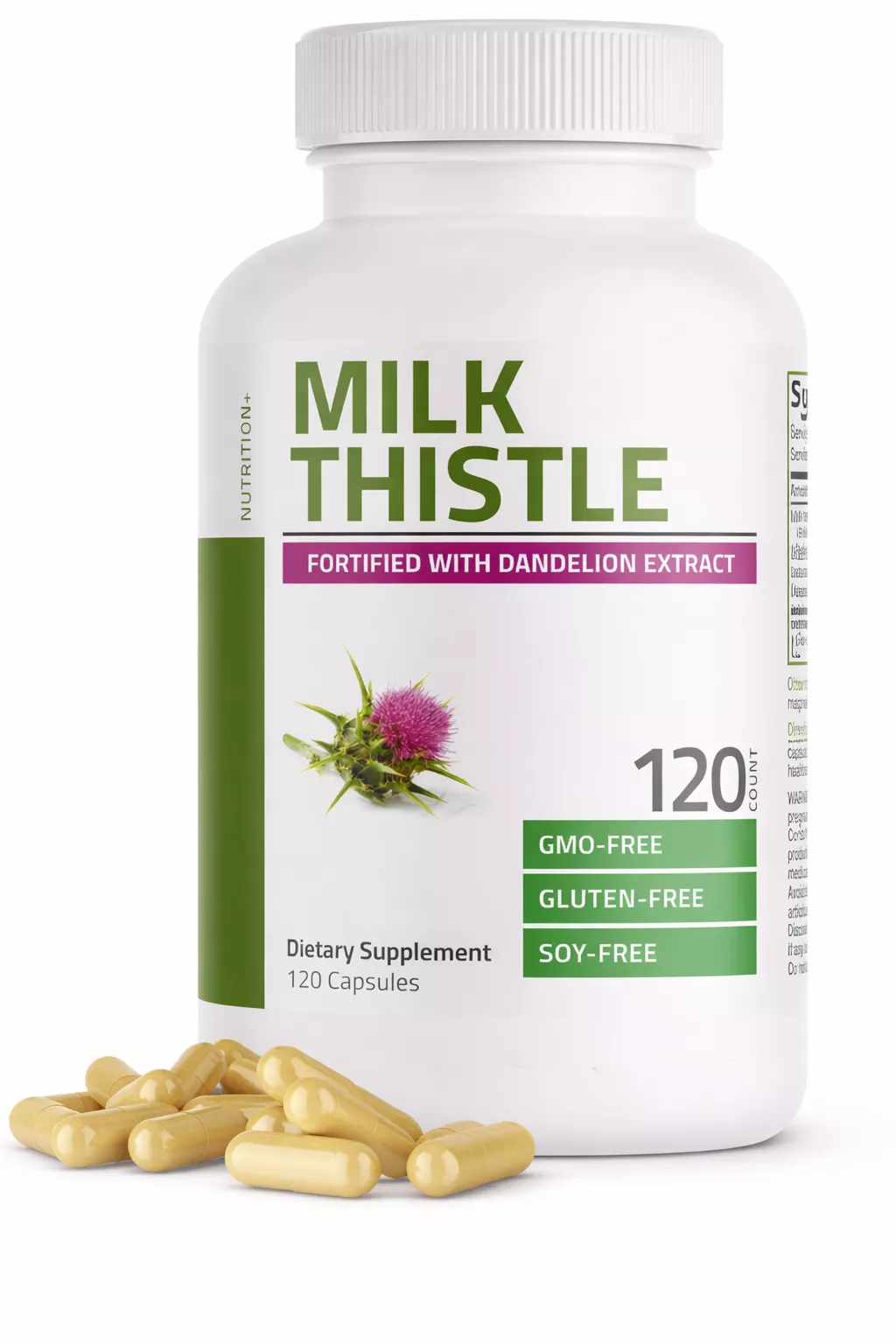 A bottle of Milk Thistle dietary supplement, with several capsules lying in front of the bottle.