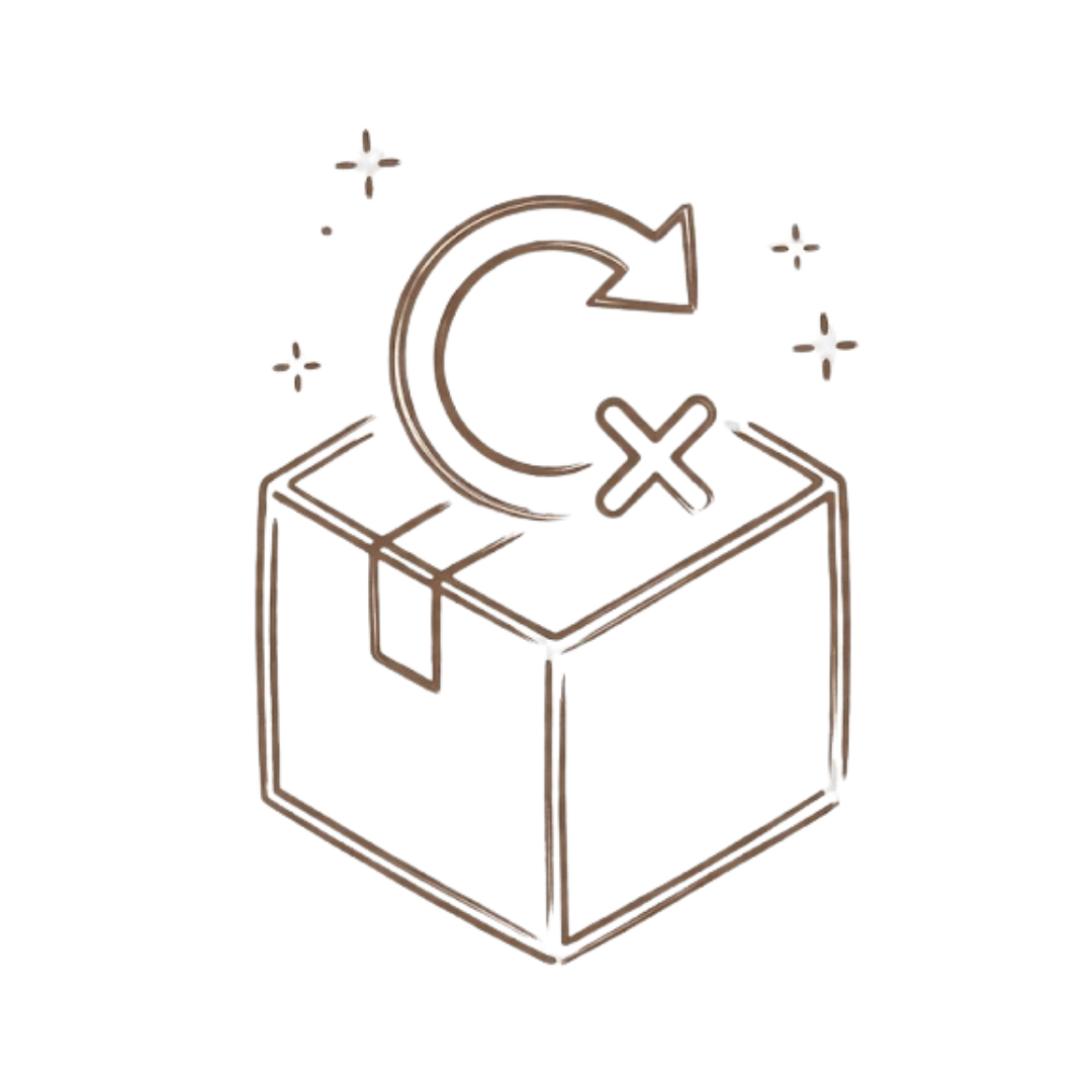 A line drawing of a box with a crossed-out return arrow symbol and sparkles.