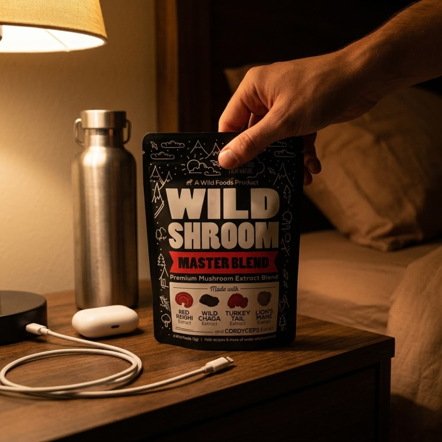 A hand holds a pouch of Wild Shroom Master Blend on a wooden bedside table.
