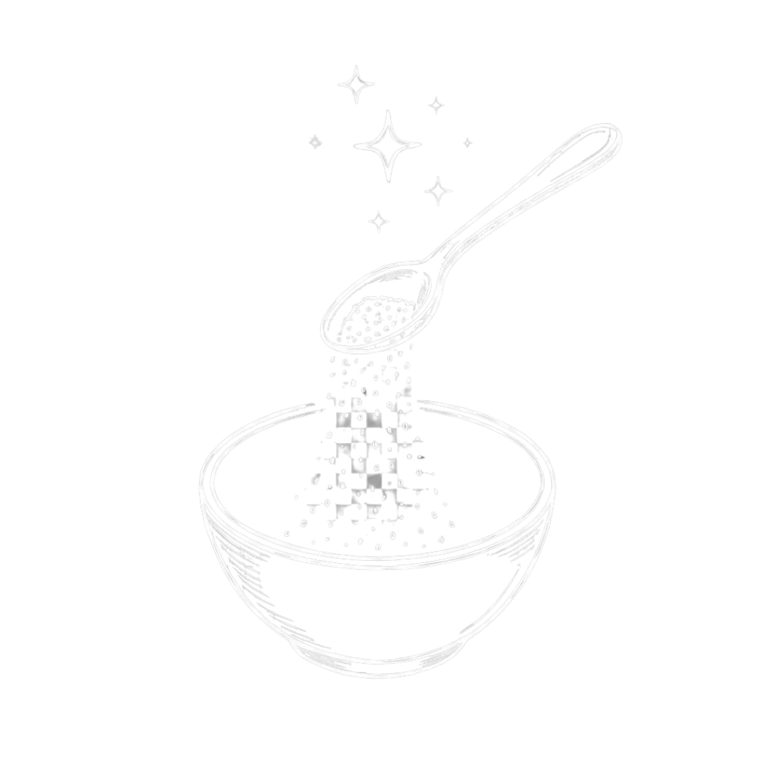 A line drawing of a spoon pouring a sparkling, pixelated substance into a bowl.