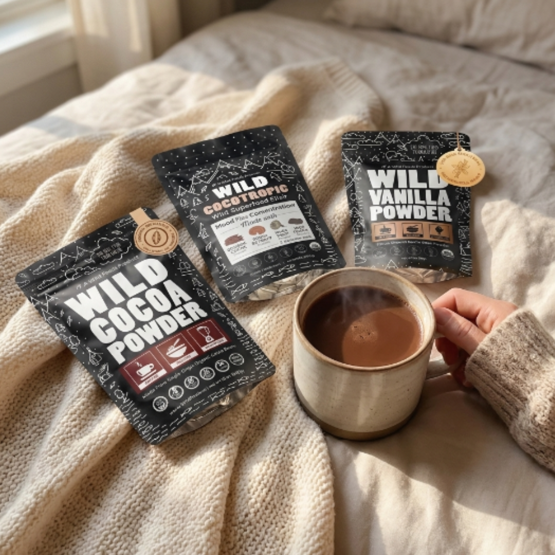 A hand holds a steaming mug next to three packages of Wild brand drink powders on a knit blanket.
