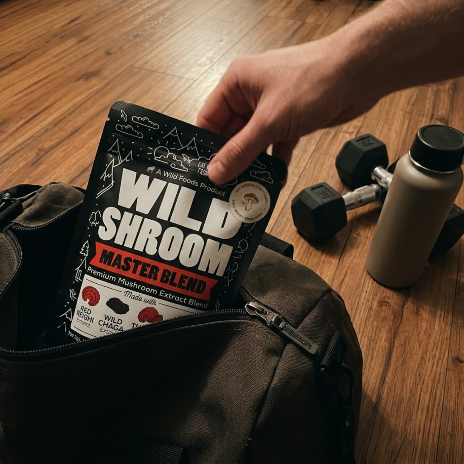 A person puts a bag of Wild Shroom Master Blend into a gym bag near dumbbells and a water bottle.