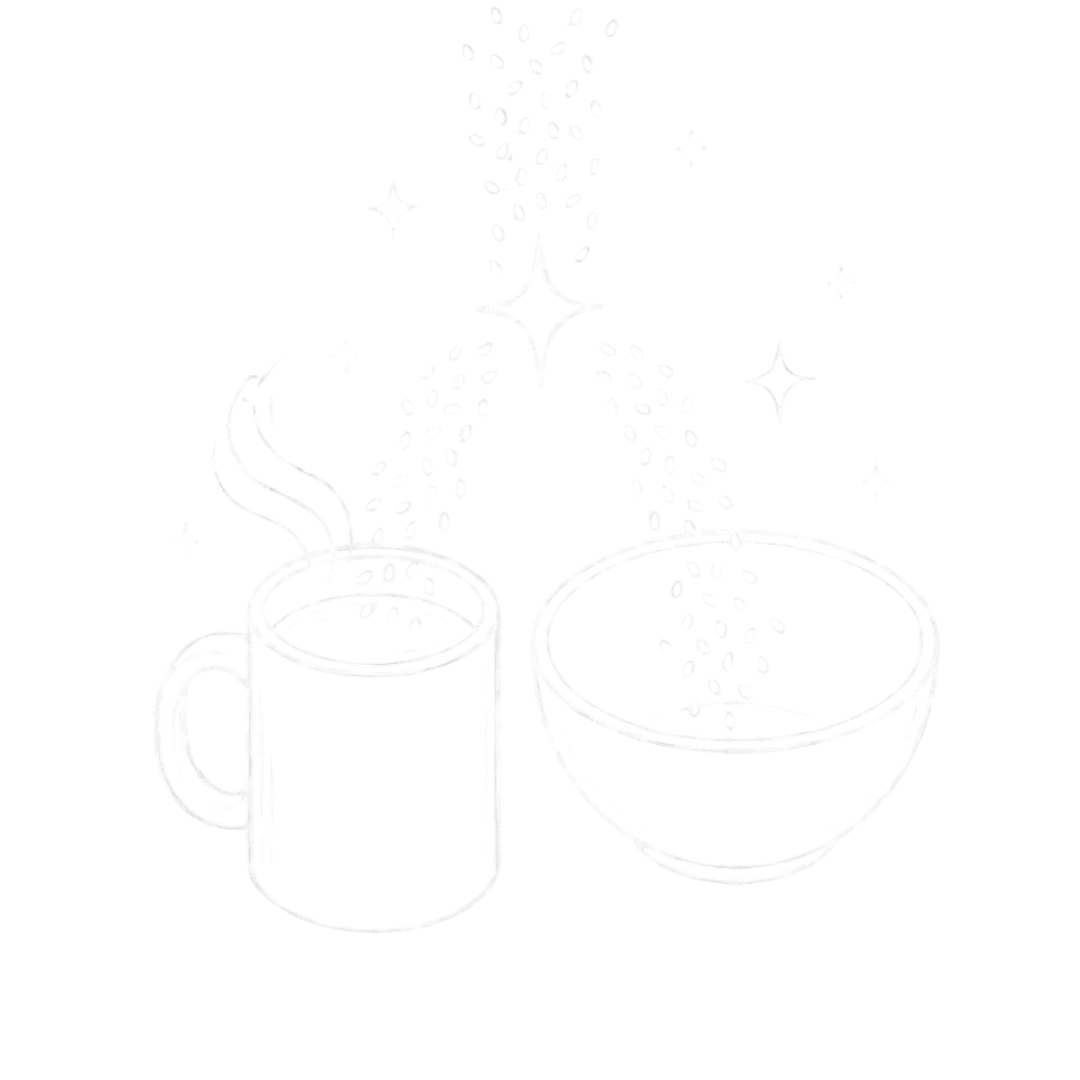 A faint white line drawing of grain pouring into a steaming mug and a bowl with sparkles.
