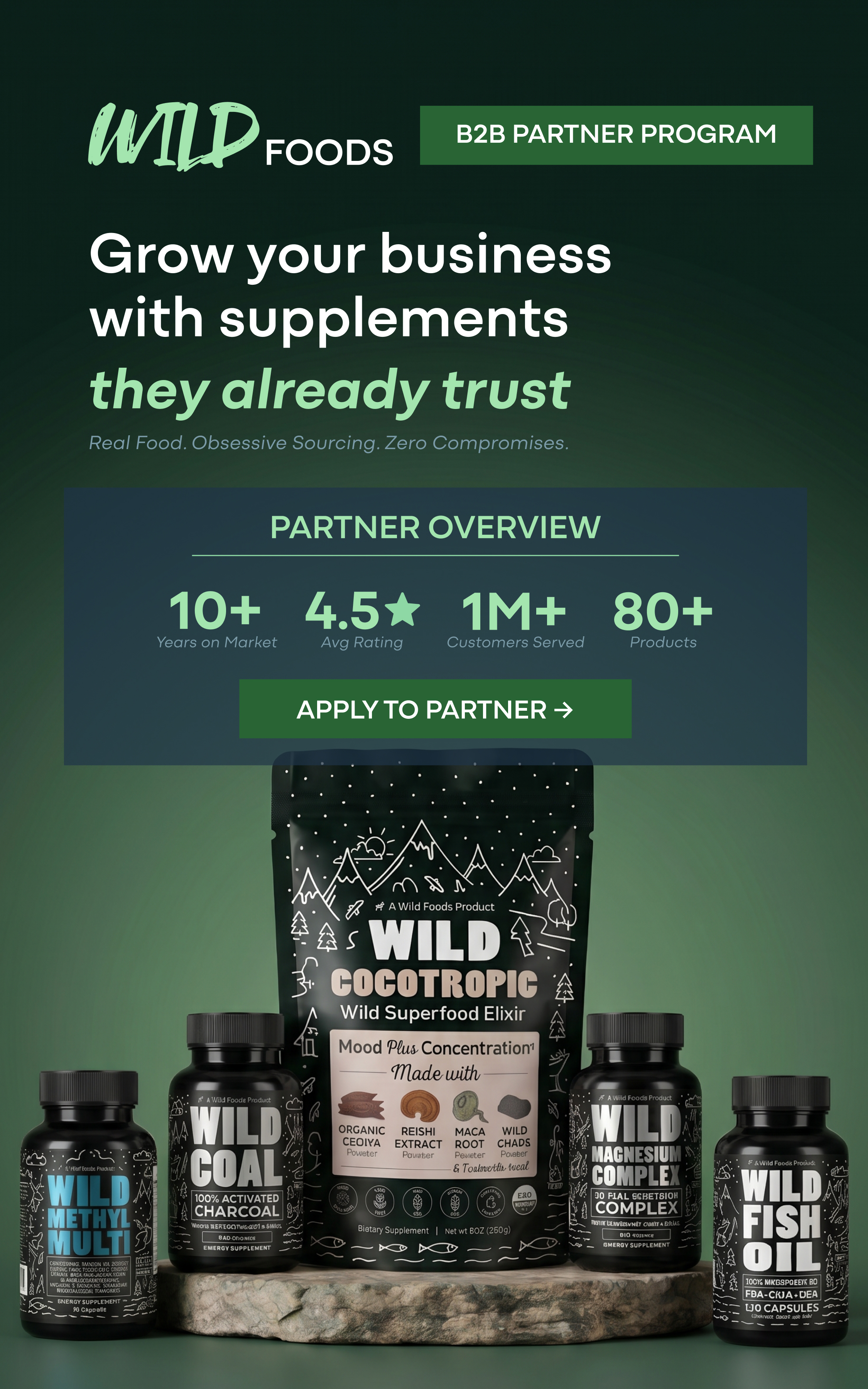 An advertisement for Wild Foods' B2B Partner Program, with a variety of their supplement products displayed below.