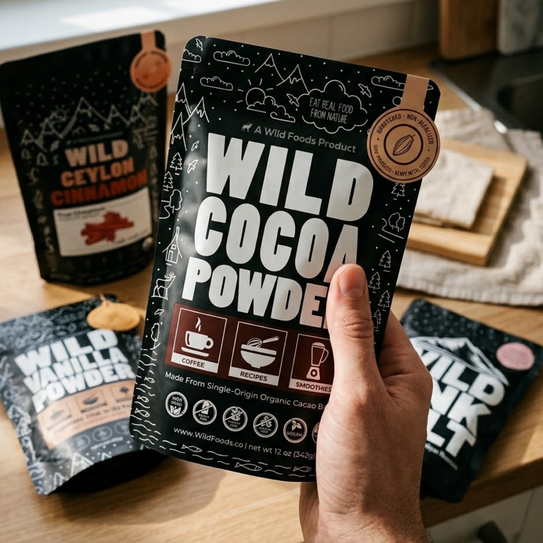 A hand holds a bag of Wild Cocoa Powder, with other Wild Foods products in the background.
