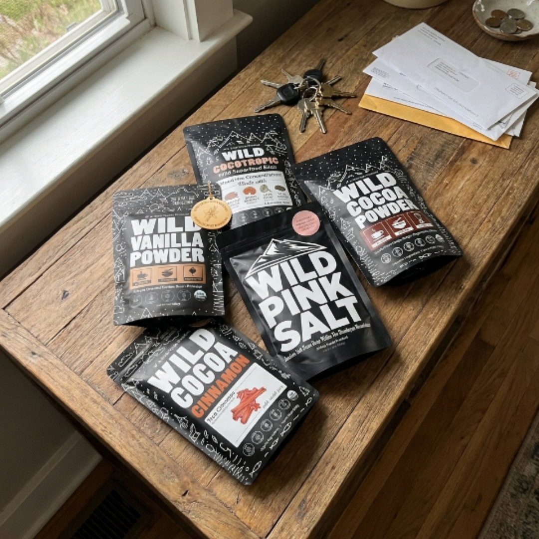 Several pouches of Wild brand products on a wooden table with keys and mail in the background.
