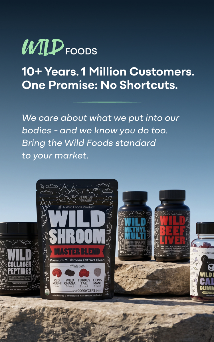 A promotional image for Wild Foods showing their logo, tagline, and a variety of their supplement products.
