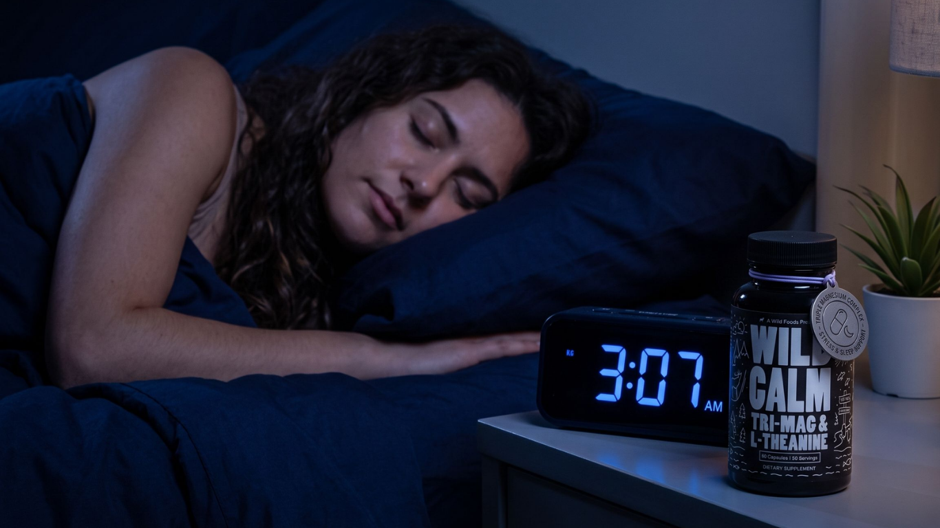 A woman sleeps in a dark bedroom next to a nightstand with a clock and a supplement bottle.