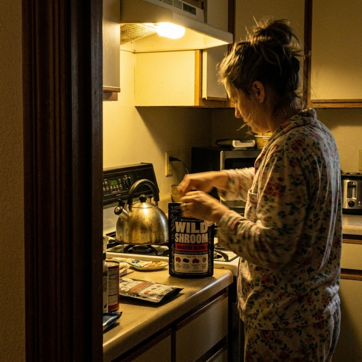 A woman in floral pajamas stands in a kitchen, preparing something from a pouch next to a kettle.