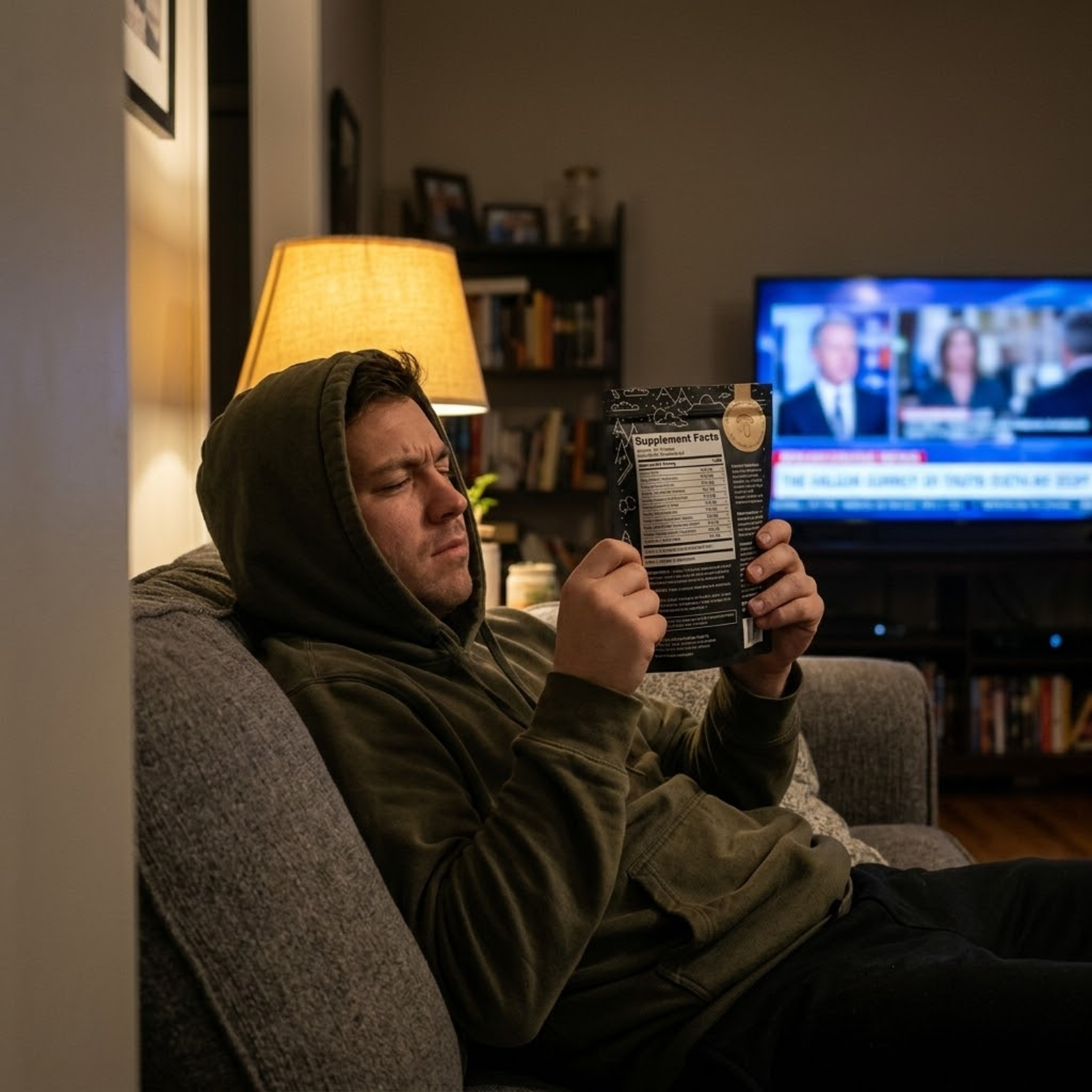 A man in a hoodie sits on a couch and reads the supplement facts on a black pouch.