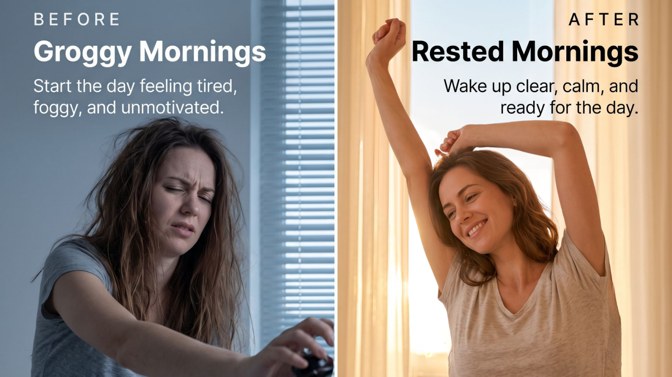 A before-and-after image showing a woman feeling groggy versus feeling rested and happy in the morning.