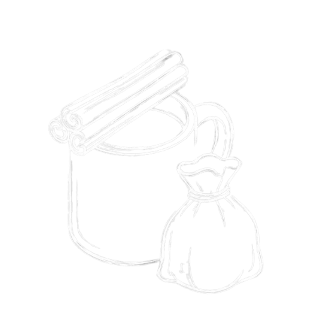 A faint white line drawing of a mug with cinnamon sticks and a small sack on a white background.