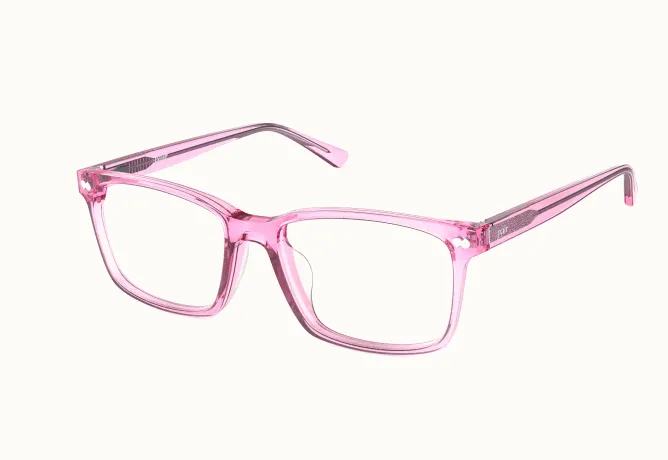 A pair of translucent pink rectangular eyeglasses shown at an angle on a plain white background.
