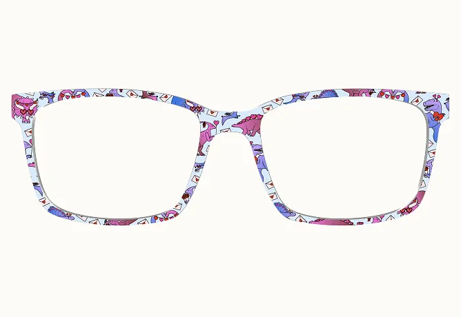 Colorful eyeglass frames with a playful cartoon pattern.