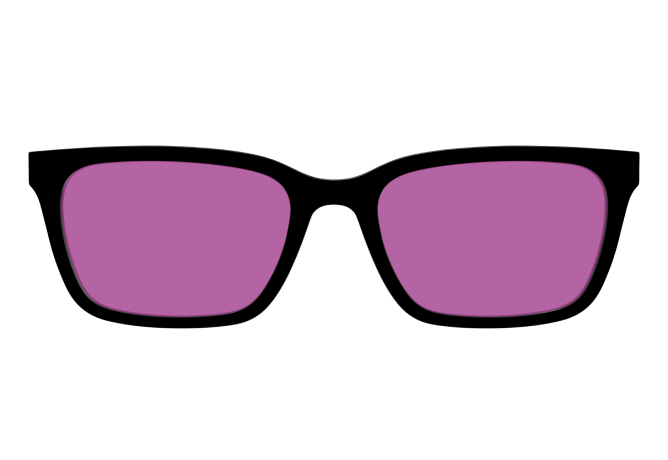 Black-framed sunglasses with purple lenses on a white background.
