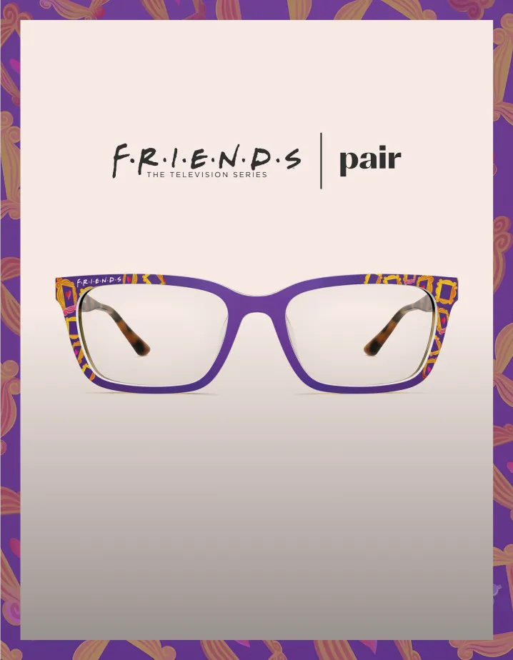 Purple glasses frame with 'FRIENDS' and 'pair' text above.