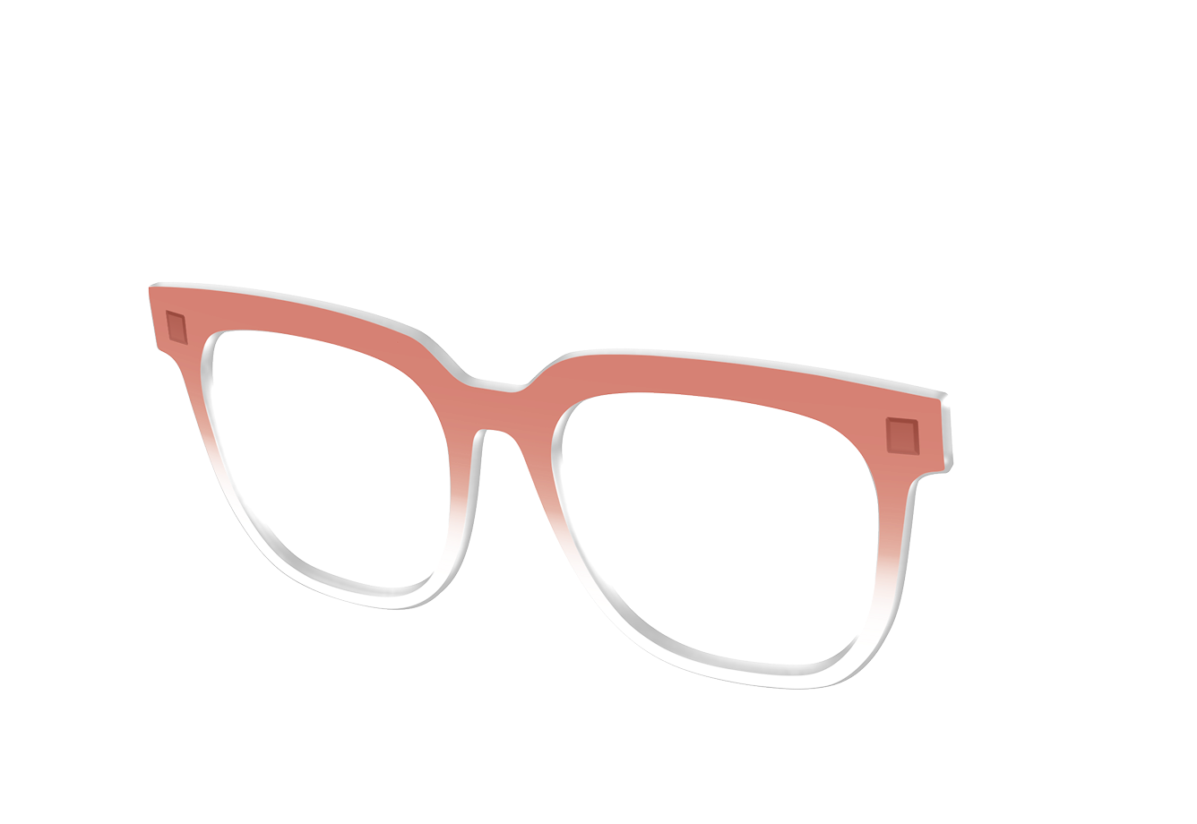 Red eyeglass frames with a transparent background.