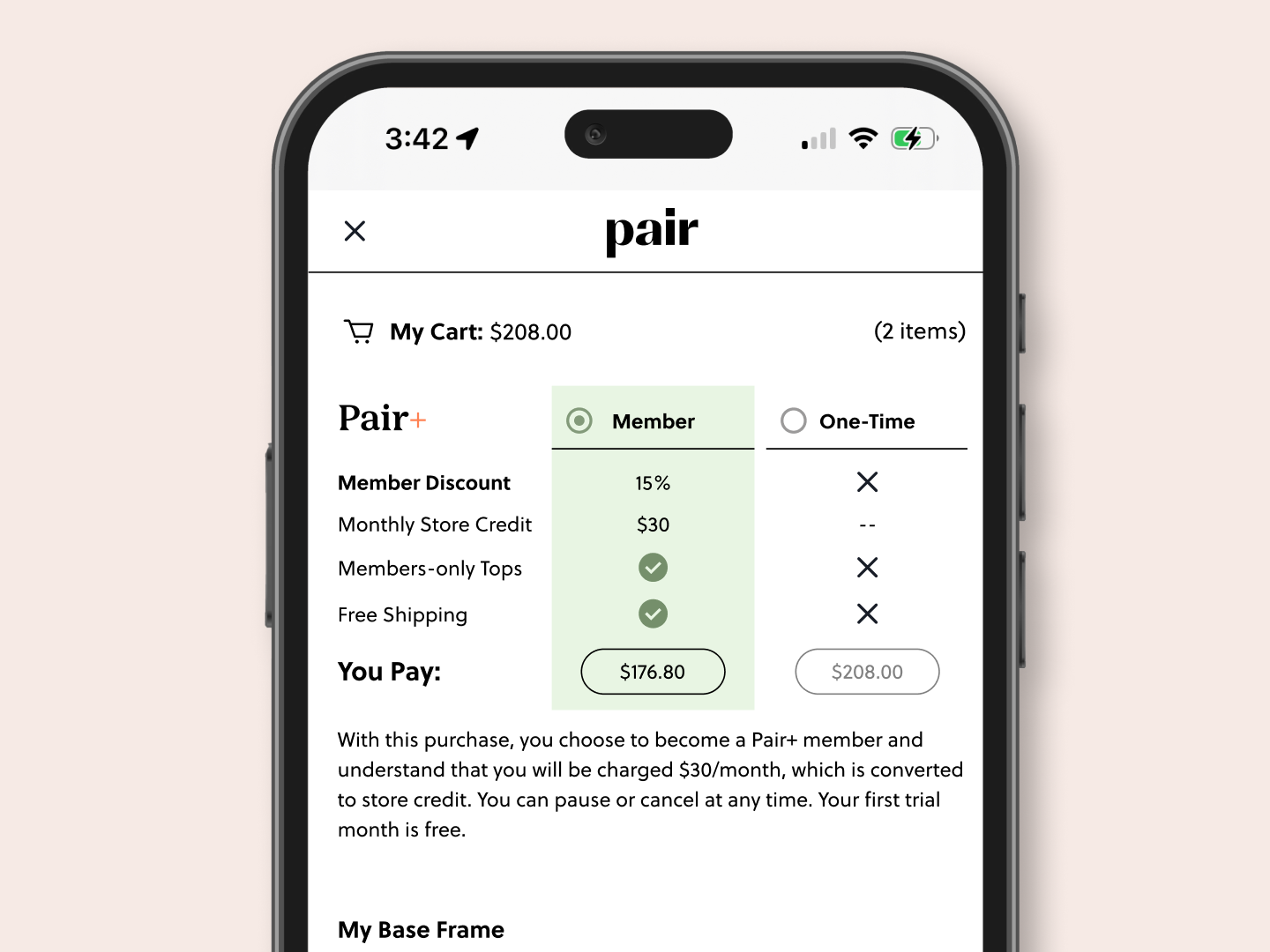 Smartphone screen displaying a shopping cart with membership options and pricing details.