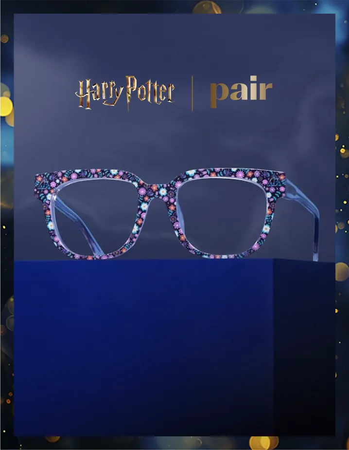 Colorful floral glasses with 'Harry Potter' branding on a dark background.