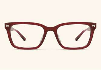 Red rectangular eyeglass frames on a white background.
